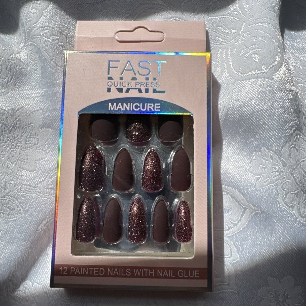 Fast Nail One Minute Press‑On Nail Tips w Glue Fast & Easy NEW Plum